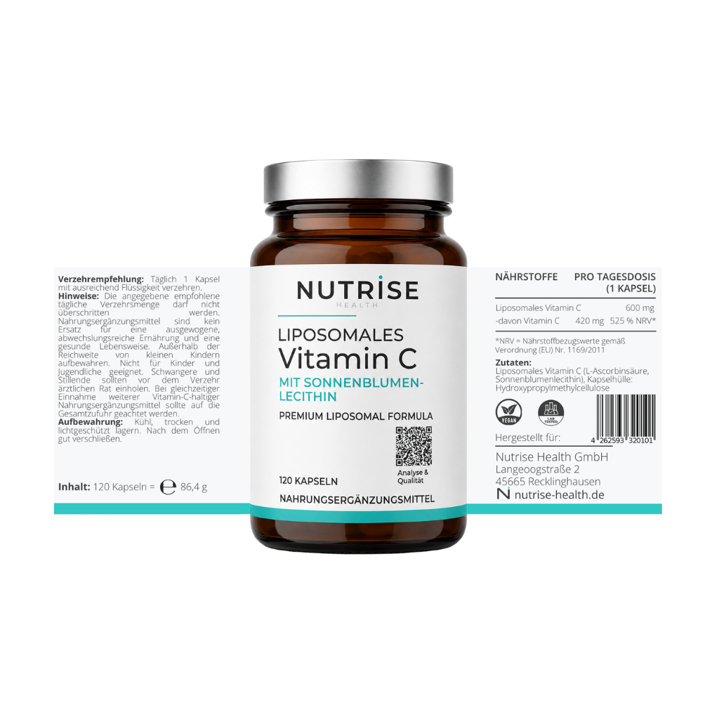NUTRISE HEALTH Liposomales Vitamin C mit 120 Kapseln, dargestellt mit vollständigem Etikett und Nährwertangaben.