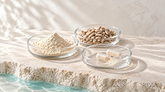 Pulver, Sonnenblumenkerne und Kapseln in getrennten Glasschalen als Beispiel einer transparenten Rezeptur.