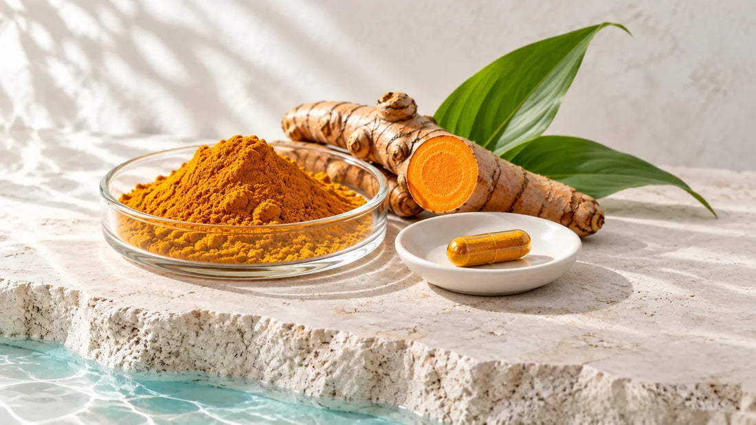 Kurkumapulver, angeschnittene Kurkumawurzel und eine goldgelbe Kapsel zur Curcumin-Deklaration.