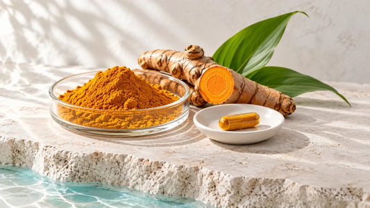 Kurkumapulver, angeschnittene Kurkumawurzel und eine goldgelbe Kapsel zur Curcumin-Deklaration.