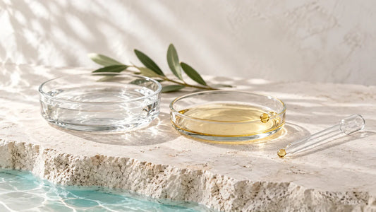 Wasser und Öl in Glasschalen neben einer Glaspipette zu lipophilen und wässrigen Bestandteilen.