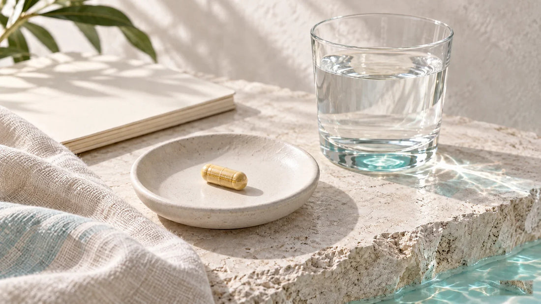 Eine gelbliche Quercetin-Kapsel auf einer Keramikschale neben einem Glas Wasser.