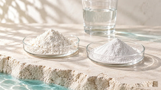 Zwei Glasschalen mit weißem Pulver und ein Wasserglas zum Vergleich verschiedener Vitamin-C-Formulierungen.