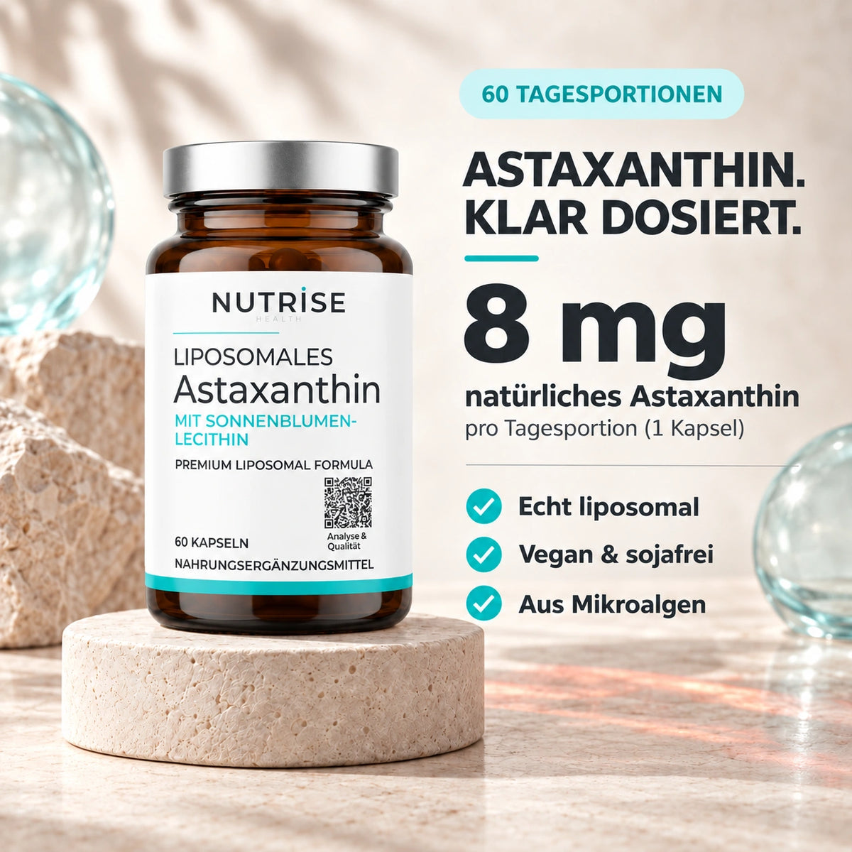 Nutrise Astaxanthin: 8 mg natürliches Astaxanthin je Tagesportion, echt liposomal und vegan