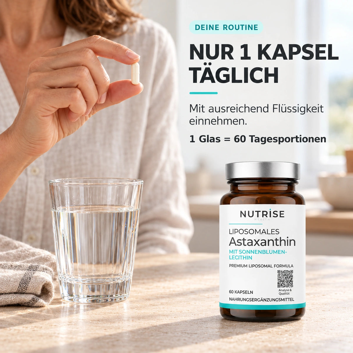 Einnahme von Nutrise Astaxanthin mit Wasser: eine Kapsel täglich
