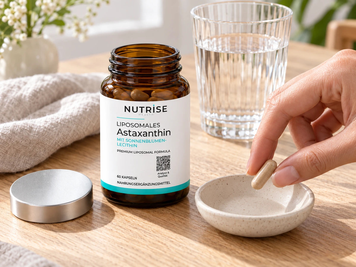 Eine Astaxanthin-Kapsel neben dem geöffneten Nutrise-Braunglas und einem Glas Wasser