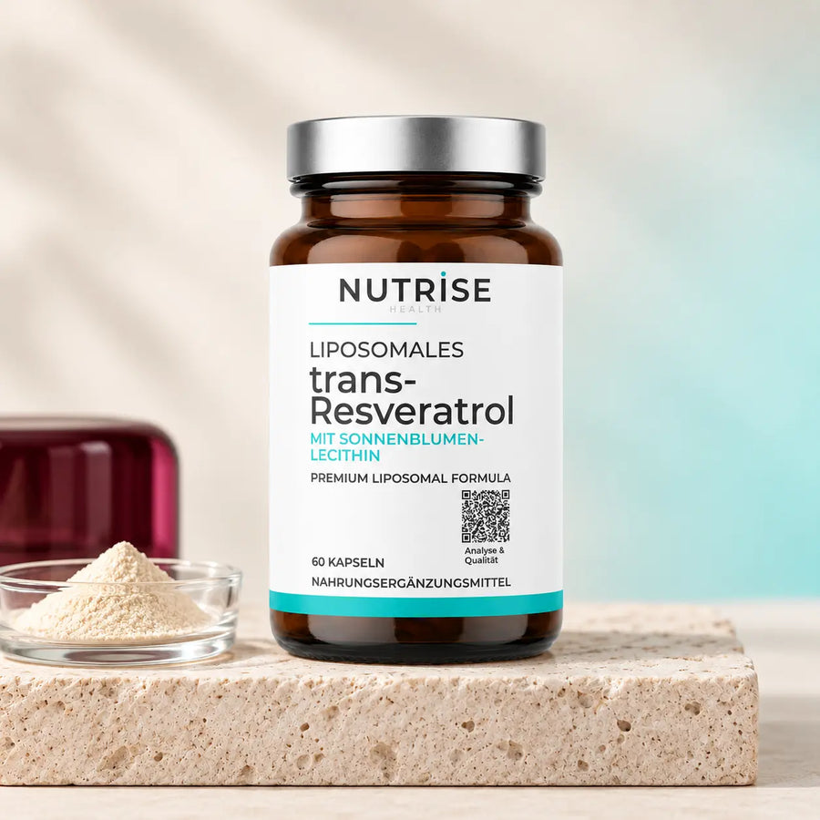 Liposomales trans-Resveratrol von Nutrise mit farbigem Würfel