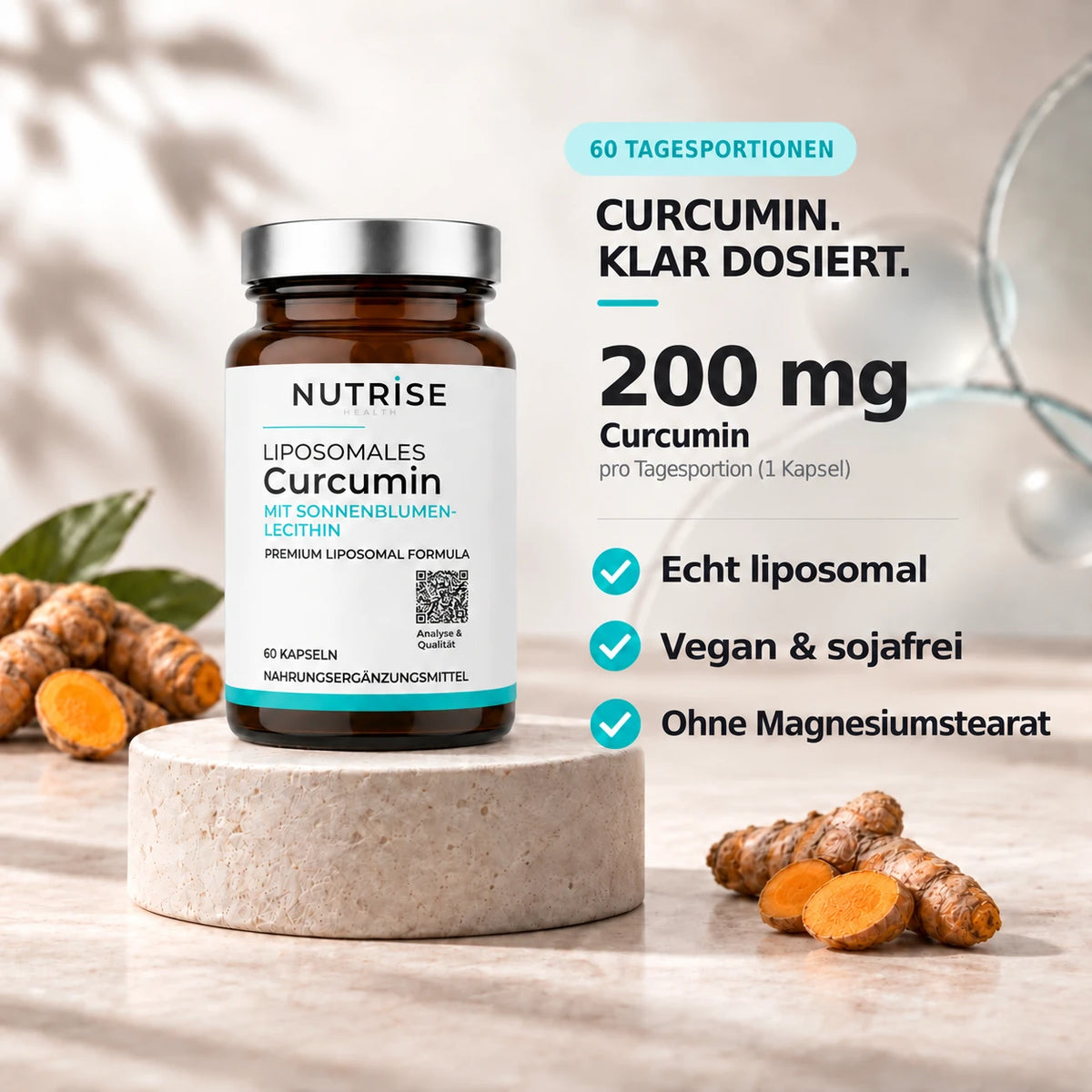 Nutrise Curcumin auf Kalkstein, 200 mg Curcumin pro Tagesportion, echt liposomal, vegan und sojafrei