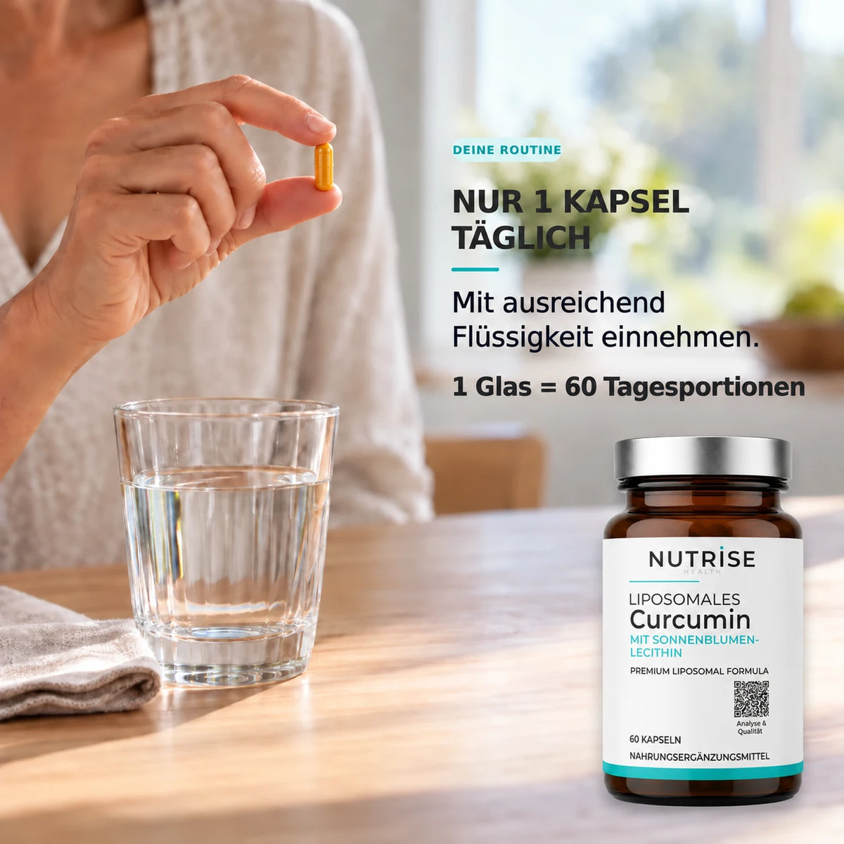 Eine Curcumin-Kapsel täglich mit ausreichend Flüssigkeit, 60 Tagesportionen pro Glas