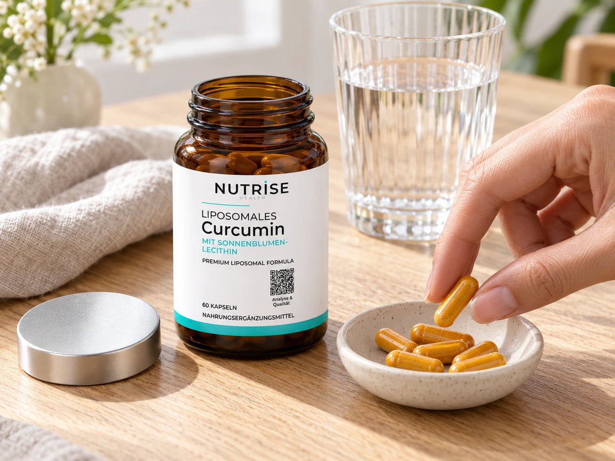 Eine Curcumin-Kapsel neben Nutrise Curcumin und einem Glas Wasser