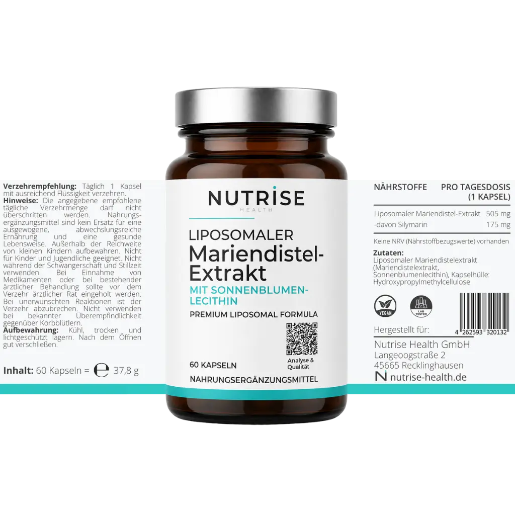 Nutrise Health Liposomaler Mariendistel-Extrakt mit 60 Kapseln und vollständig dargestelltem Etikett, 175 mg Silymarin je Tagesportion
