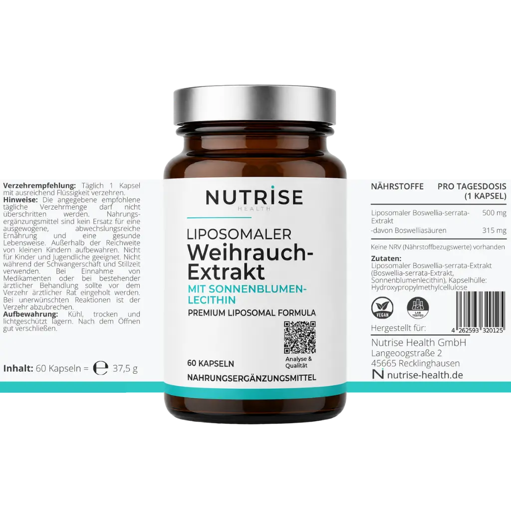 Nutrise Health Liposomaler Weihrauch-Extrakt mit 60 Kapseln und vollständig dargestelltem Etikett, 315 mg Boswelliasäuren je Tagesportion