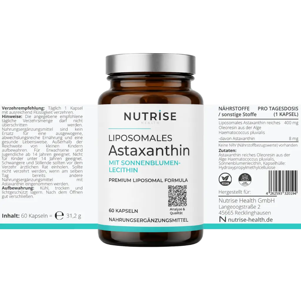 Nutrise Health Liposomales Astaxanthin mit 60 Kapseln und vollständig dargestelltem Etikett, 8 mg Astaxanthin je Tagesportion