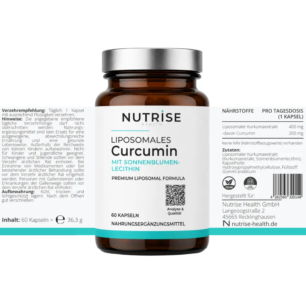 Nutrise Health Liposomales Curcumin mit 60 Kapseln und vollständig dargestelltem Etikett, 200 mg Curcumin je Tagesportion