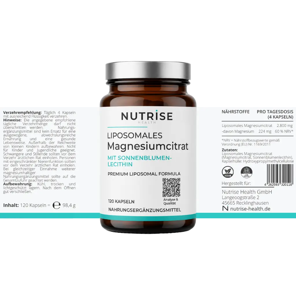 Nutrise Health Liposomales Magnesiumcitrat mit 120 Kapseln und vollständig dargestelltem Etikett, 224 mg Magnesium je Tagesportion