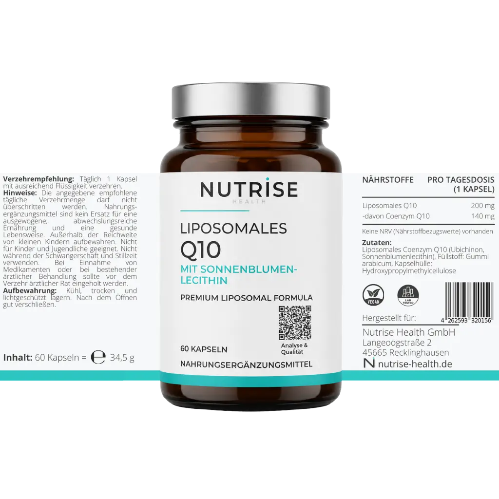 Nutrise Health Liposomales Q10 mit 60 Kapseln und vollständig dargestelltem Etikett, 140 mg Coenzym Q10 je Tagesportion