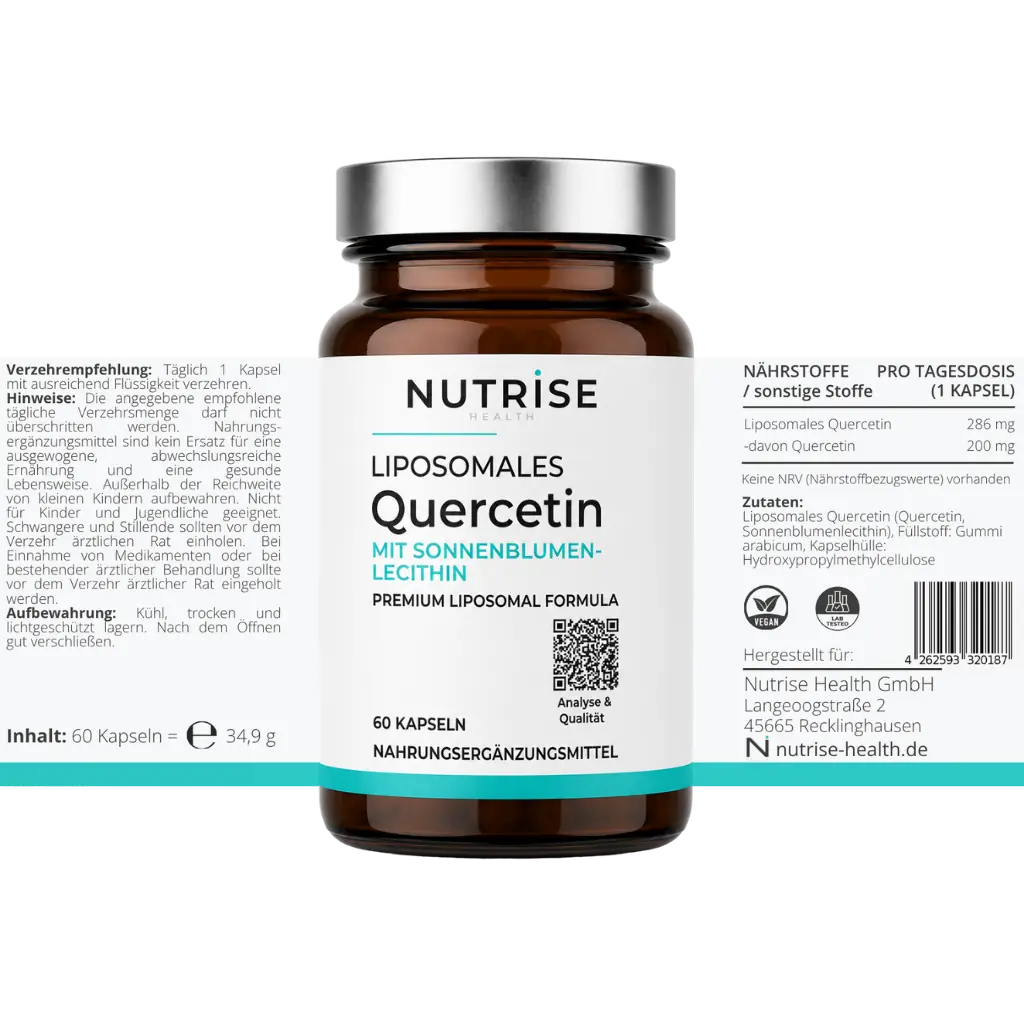 Nutrise Health Liposomales Quercetin mit 60 Kapseln und vollständig dargestelltem Etikett, 200 mg Quercetin je Tagesportion