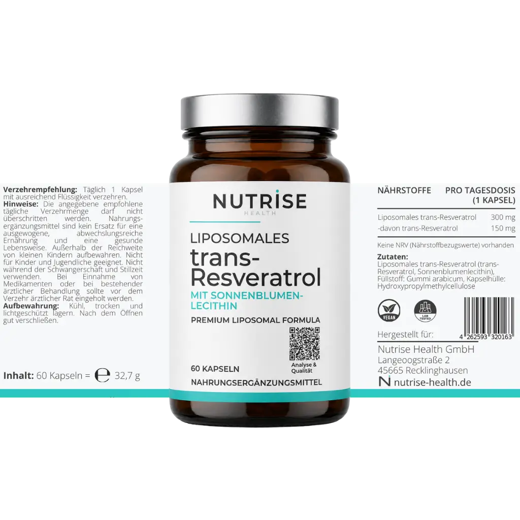 Nutrise Health Liposomales trans-Resveratrol mit 60 Kapseln und vollständig dargestelltem Etikett, 150 mg trans-Resveratrol je Tagesportion