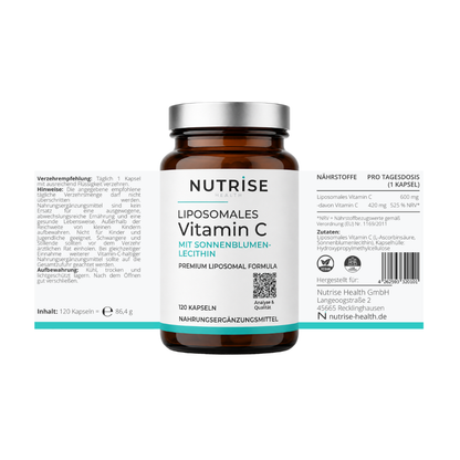 NUTRISE HEALTH Liposomales Vitamin C mit 120 Kapseln, dargestellt mit vollständigem Etikett und Nährwertangaben.