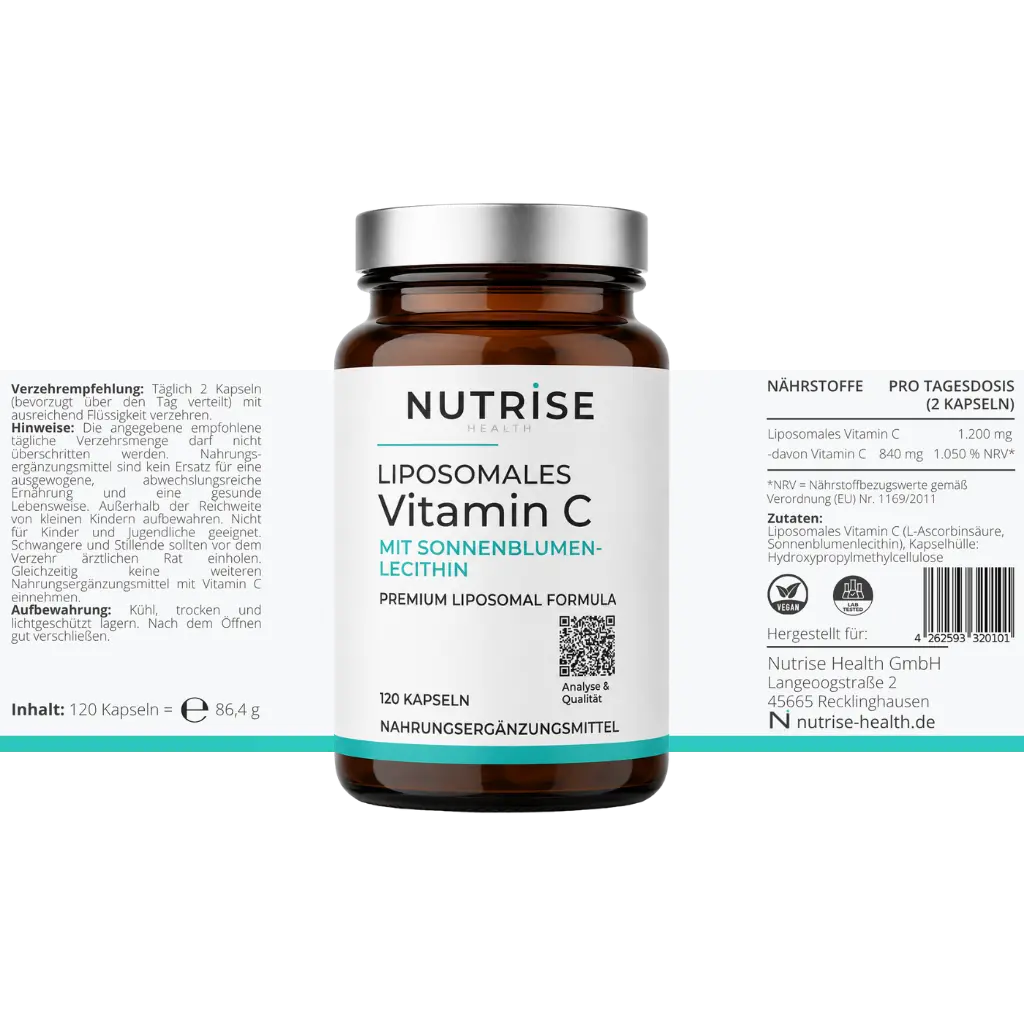 Nutrise Health Liposomales Vitamin C mit 120 Kapseln und vollständig dargestelltem Etikett, 840 mg Vitamin C je Tagesportion