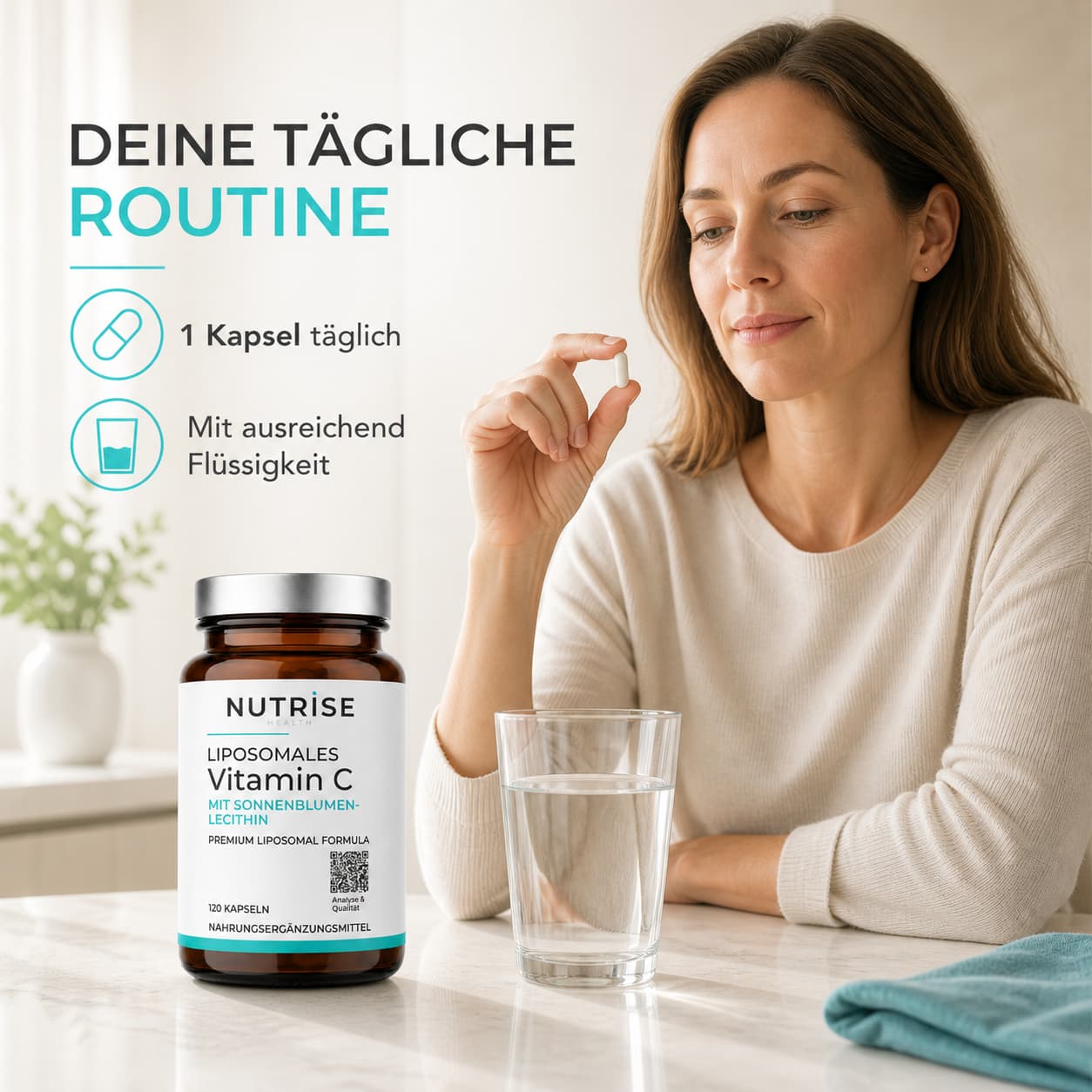 Frau nimmt eine Kapsel Nutrise Health Liposomales Vitamin C mit einem Glas Wasser ein