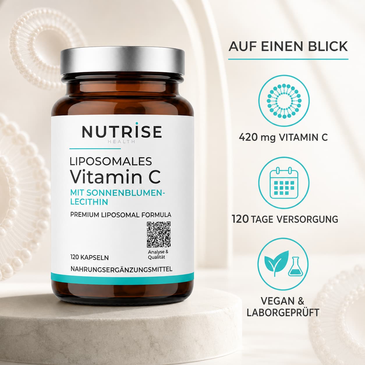 Nutrise Health Liposomales Vitamin C mit Angaben zu 420 mg Vitamin C, Sonnenblumenlecithin und pflanzlicher Kapselhülle