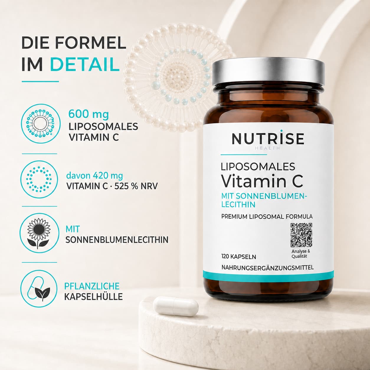 Nutrise Health Liposomales Vitamin C mit 420 mg Vitamin C, 120 Tagesportionen sowie veganer und laborgeprüfter Qualität