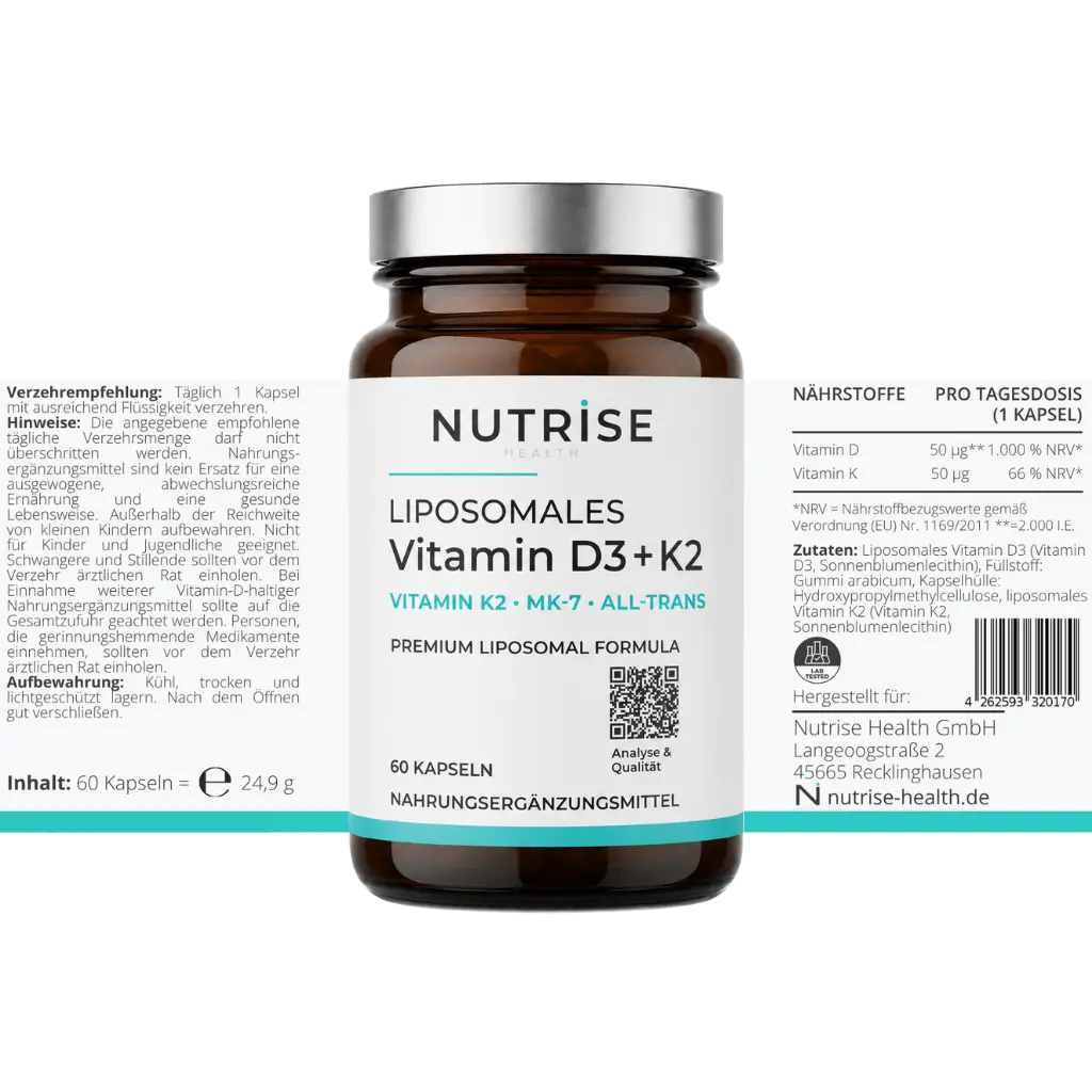 Nutrise Health Liposomales Vitamin D3 und K2 mit 60 Kapseln und vollständig dargestelltem Etikett, 2.000 I.E. Vitamin D3 und 50 µg Vitamin K2 je Tagesportion