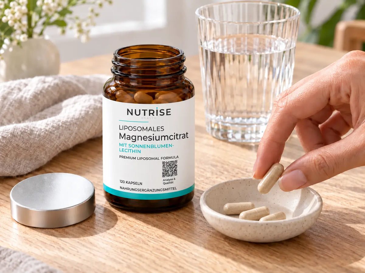 4 Kapseln mit Nutrise Magnesiumcitrat neben dem geöffneten Braunglas und Wasser