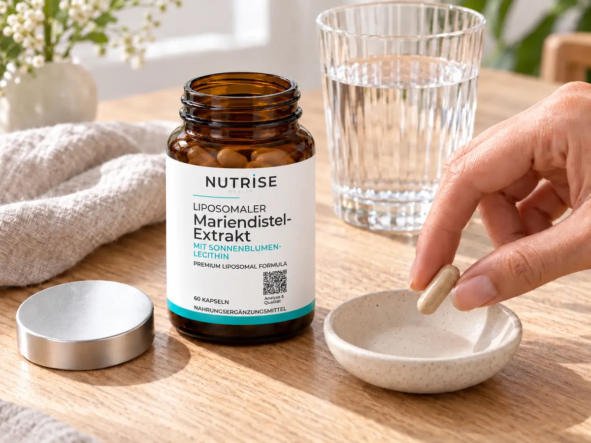 1 Kapsel mit Nutrise Mariendistel-Extrakt neben dem geöffneten Braunglas und Wasser