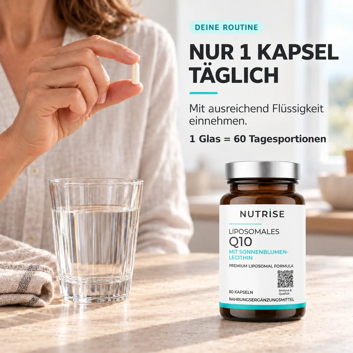 Einnahme von Nutrise Q10 mit Wasser: eine Kapsel täglich