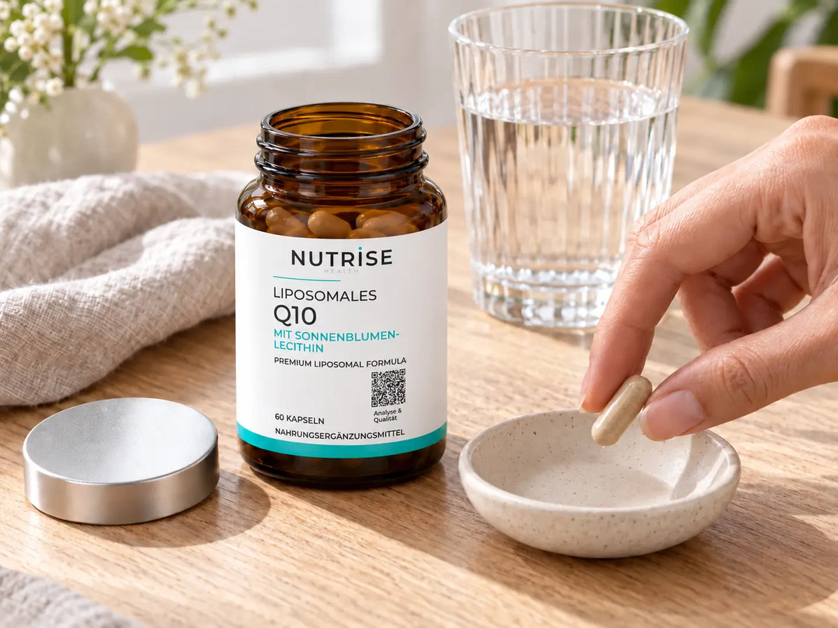 Eine Q10-Kapsel neben dem geöffneten Nutrise-Braunglas und einem Glas Wasser