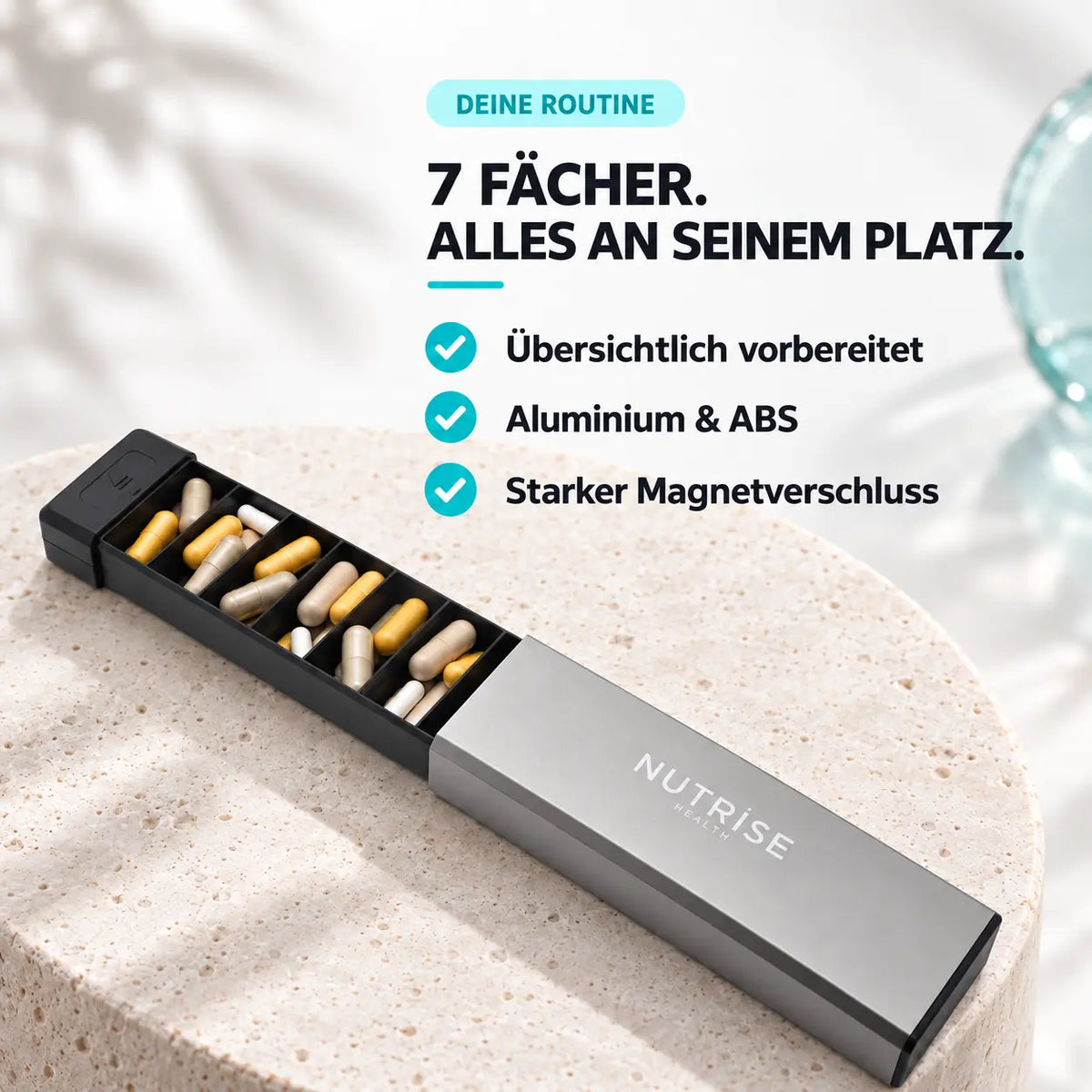 7 Fächer für eine übersichtliche Routine, Aluminium und ABS sowie starker Magnetverschluss