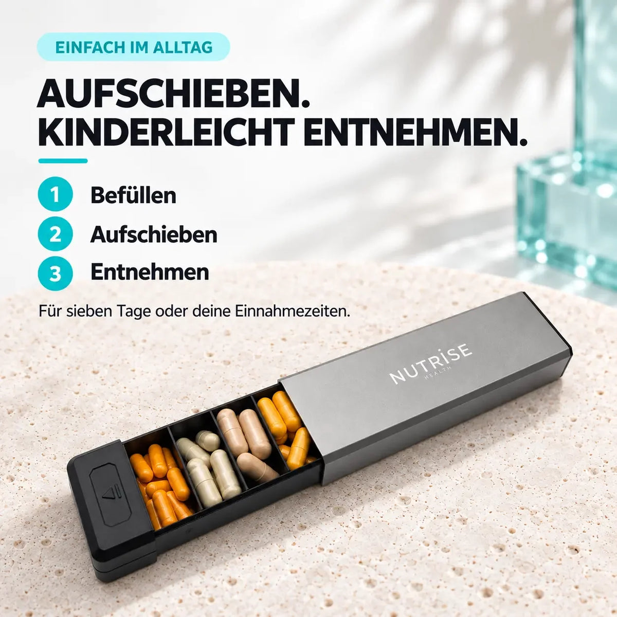 Supplement Case befüllen, aufschieben und Kapseln kinderleicht entnehmen