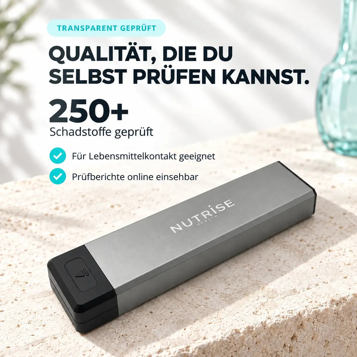 Nutrise Supplement Case auf über 250 Schadstoffe geprüft, für Lebensmittelkontakt geeignet, Prüfberichte online einsehbar