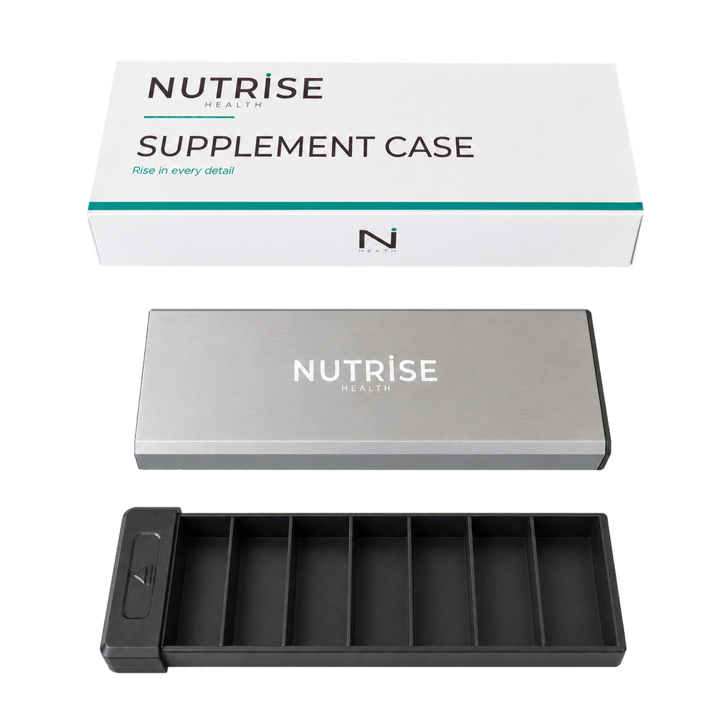 Nutrise Supplement Case zerlegt mit Aluminiumdeckel, ABS-Inlay und Verpackung