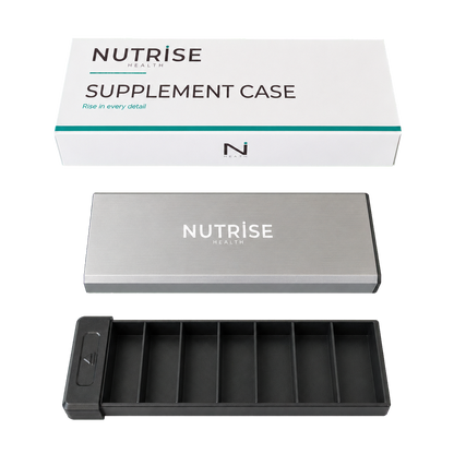 Nutrise Supplement Case zerlegt mit Aluminiumdeckel, ABS-Inlay und Verpackung