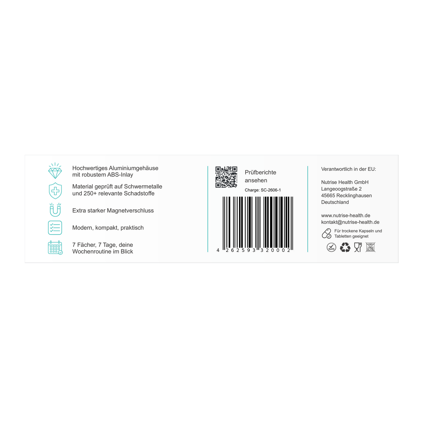 Rückseite der Nutrise Supplement Case Verpackung mit Produktvorteilen, QR-Code zu den Prüfberichten, Barcode und Herstellerangaben
