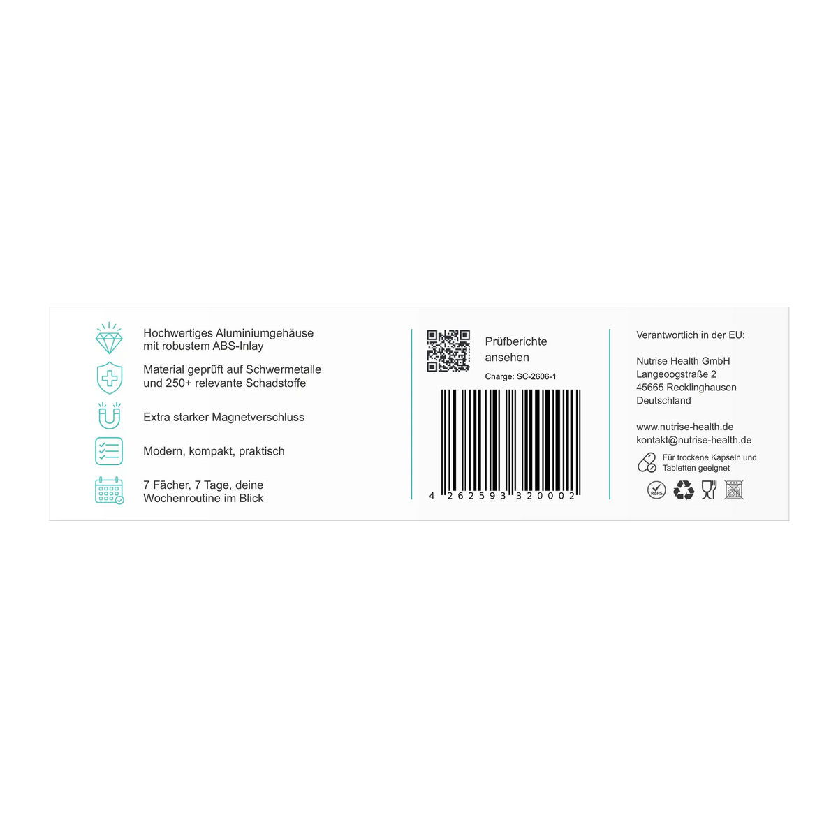 Rückseite der Case-Verpackung mit Produktinformationen und QR-Code zu Prüfberichten