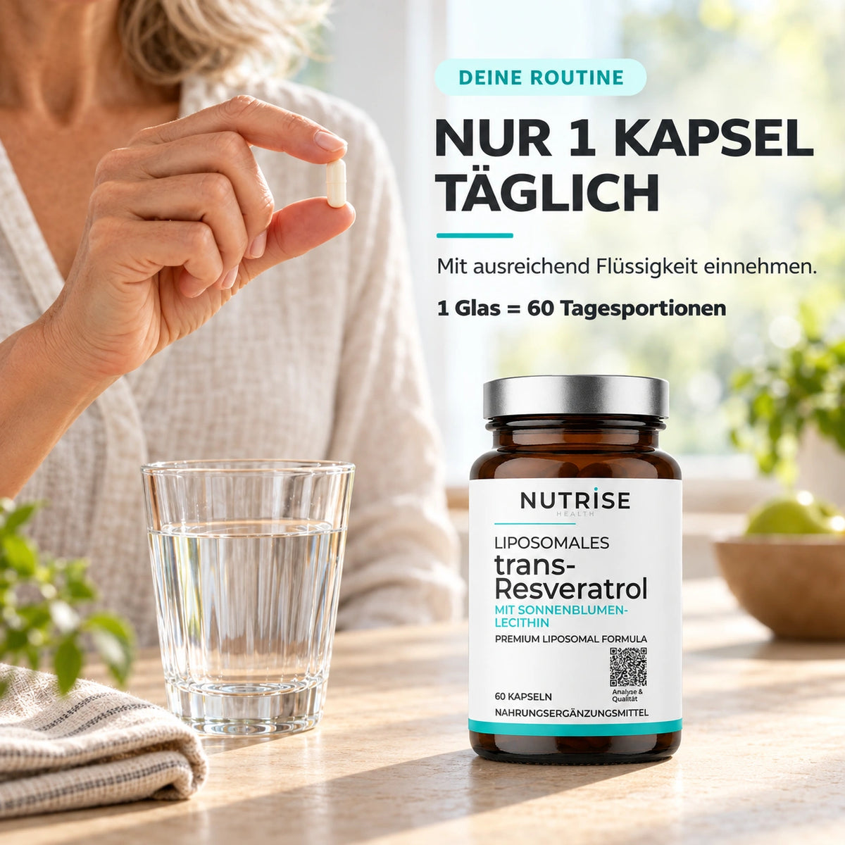 Nutrise trans-Resveratrol: Tägliche Einnahme mit Wasser
