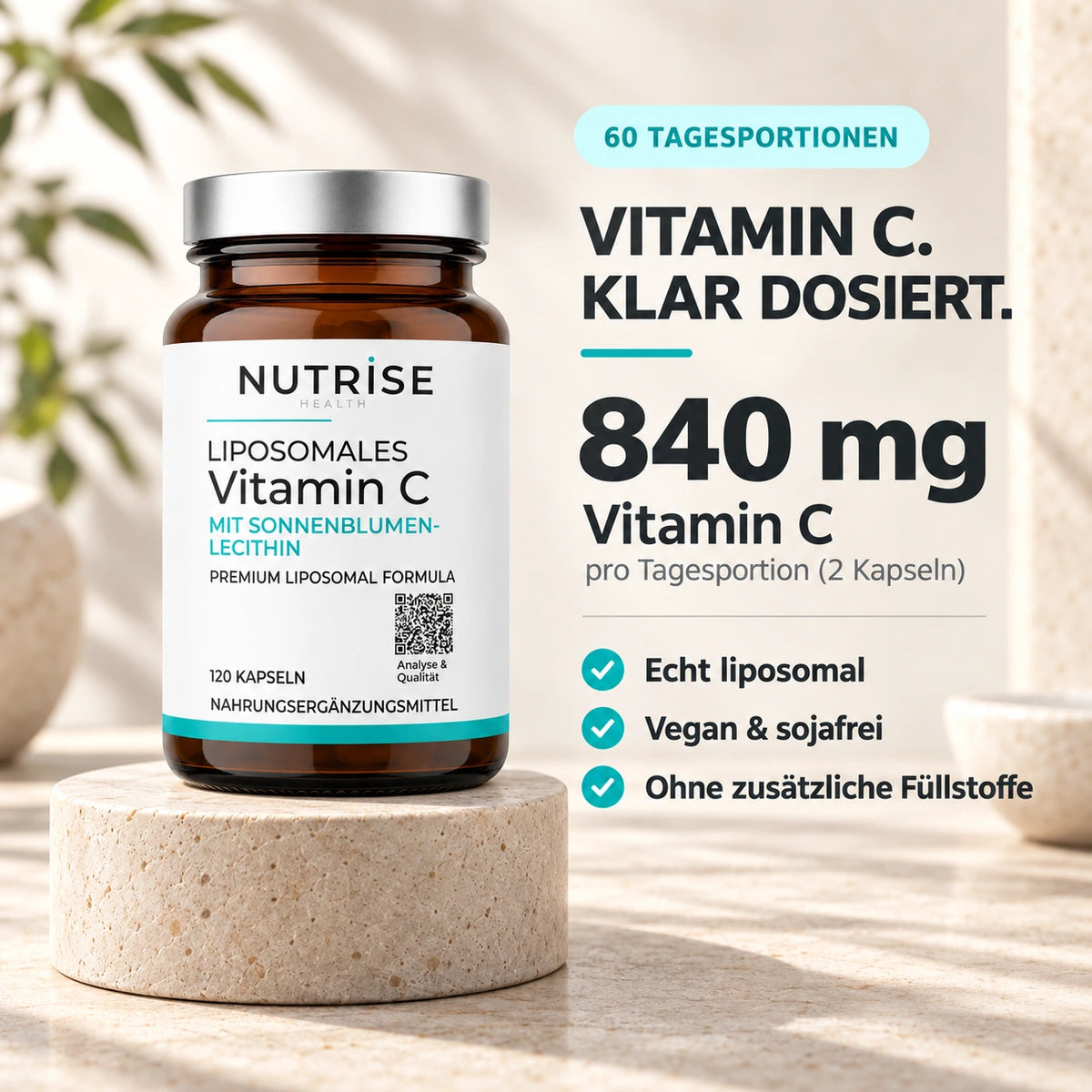 Vitamin C von Nutrise mit Dosierung und 60 Tagesportionen