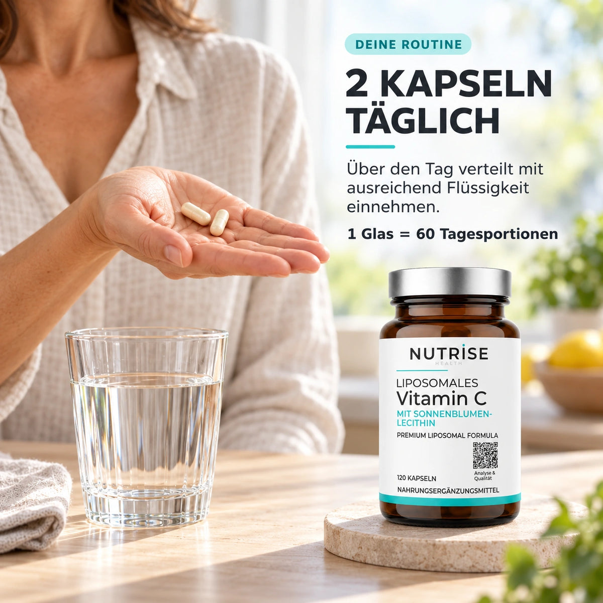 Einnahme von Nutrise Vitamin C, 2 Kapseln täglich mit ausreichend Flüssigkeit