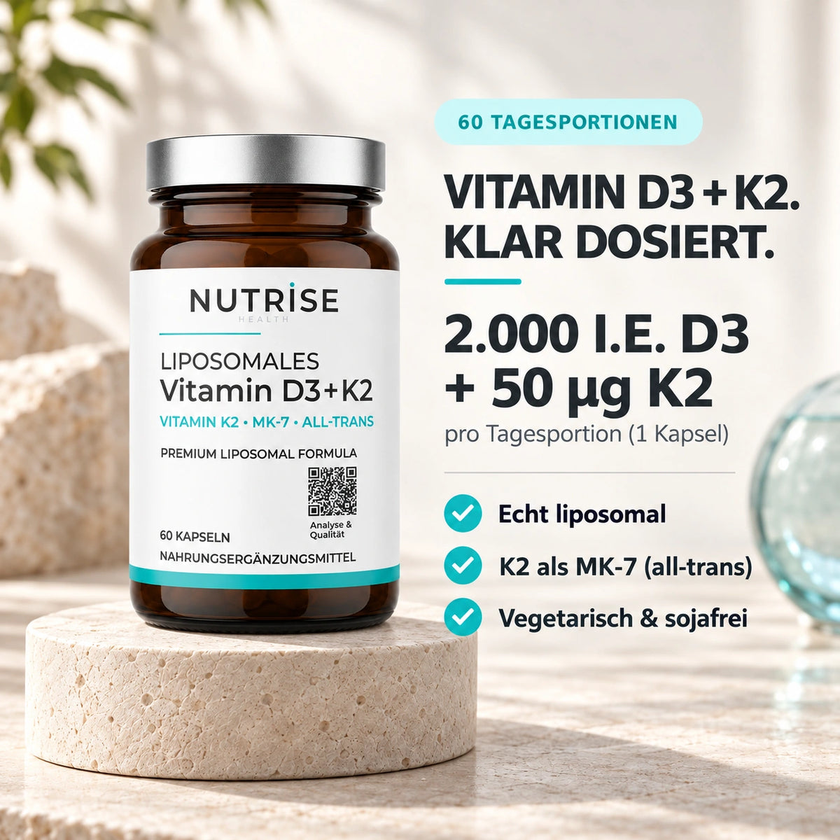 Vitamin D3 + K2 von Nutrise mit Dosierung und 60 Tagesportionen