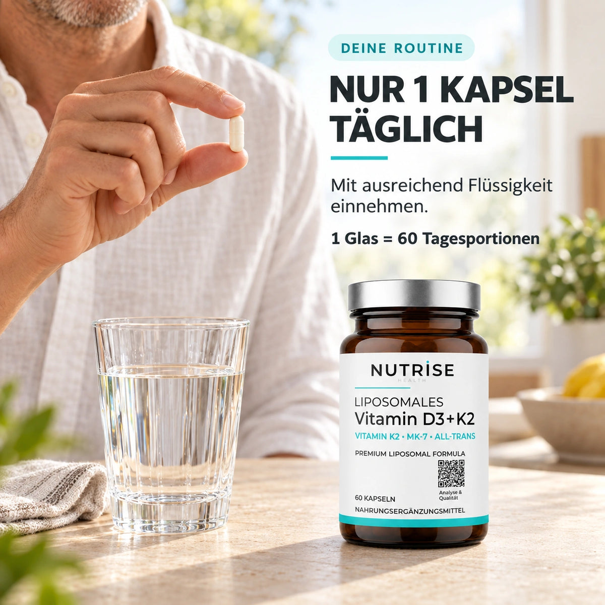 Einnahme von Nutrise Vitamin D3 + K2, 1 Kapsel täglich mit ausreichend Flüssigkeit