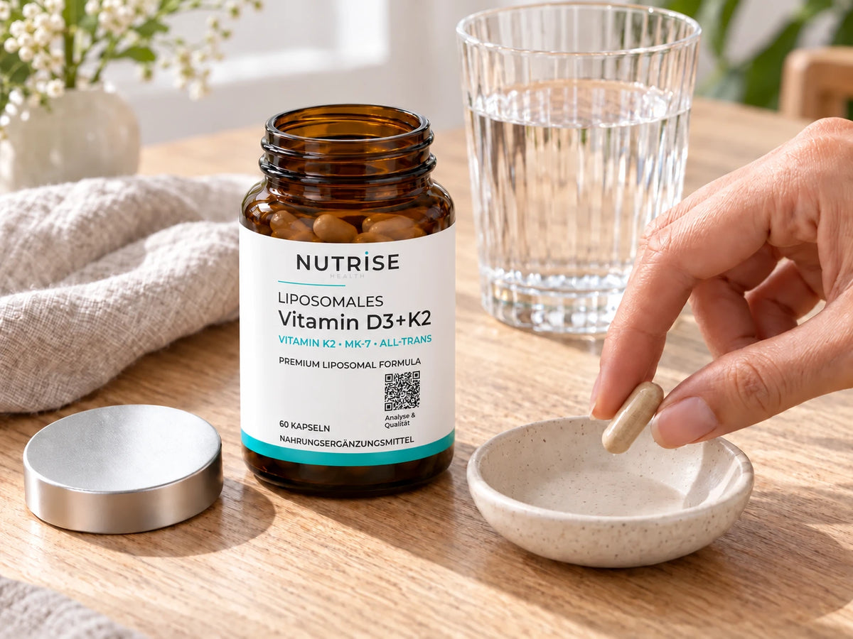Nutrise Vitamin D3 + K2 im geöffneten Braunglas, Kapsel und Wasserglas bei der Einnahme