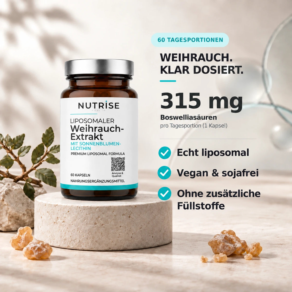 315 mg Boswelliasäuren je Tagesportion, echt liposomal, vegan und sojafrei, ohne zusätzliche Füllstoffe