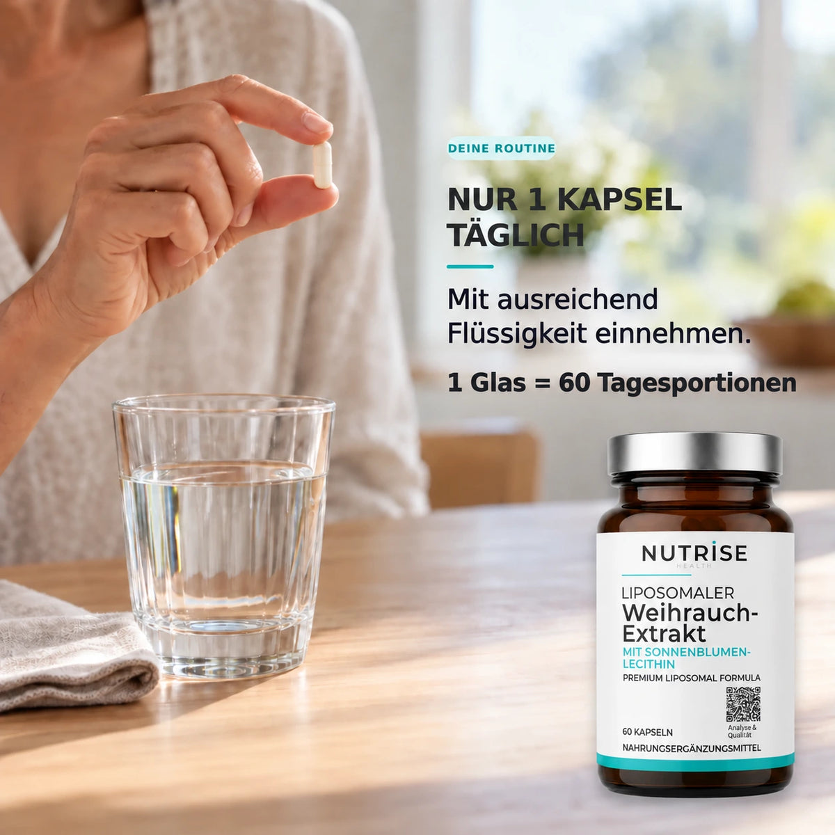 Eine Kapsel täglich mit ausreichend Flüssigkeit, ein Glas enthält 60 Tagesportionen