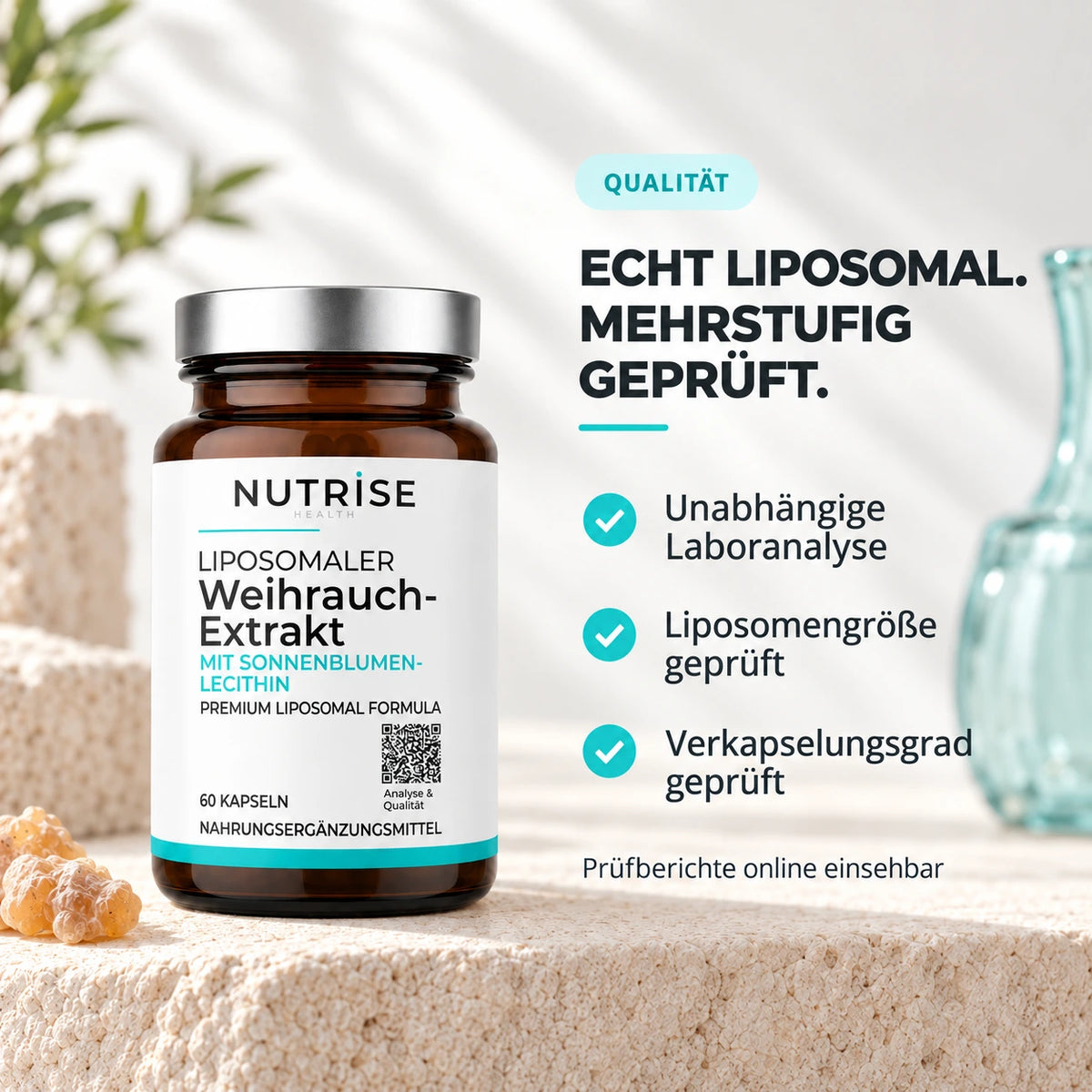 Nutrise Weihrauch-Extrakt: unabhängige Laboranalyse, geprüfte Liposomengröße und geprüfter Verkapselungsgrad