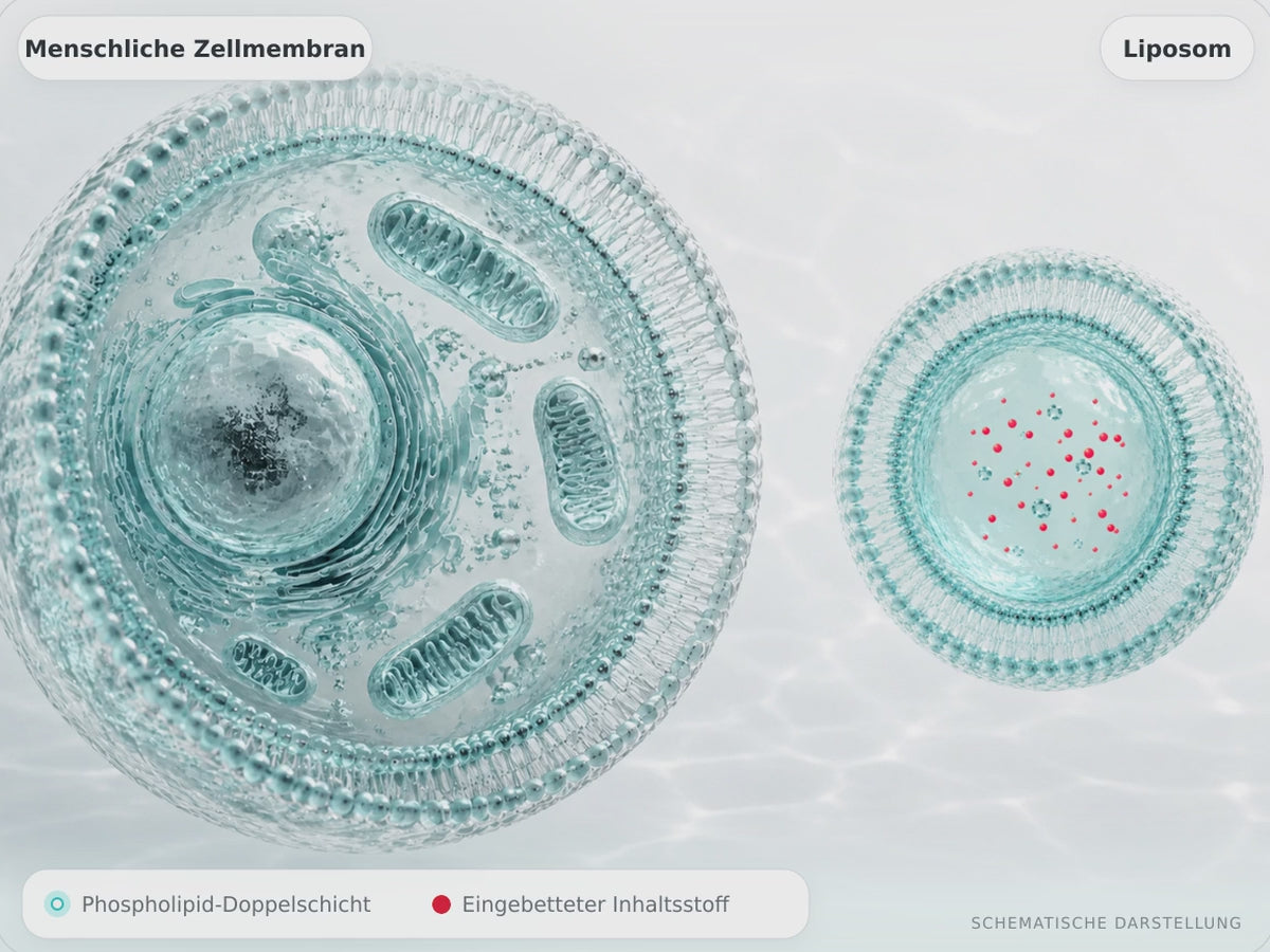 3D-Animation eines Liposoms mit rot dargestelltem Inhaltsstoff, das sich einer menschlichen Zelle mit sichtbaren Mitochondrien nähert.